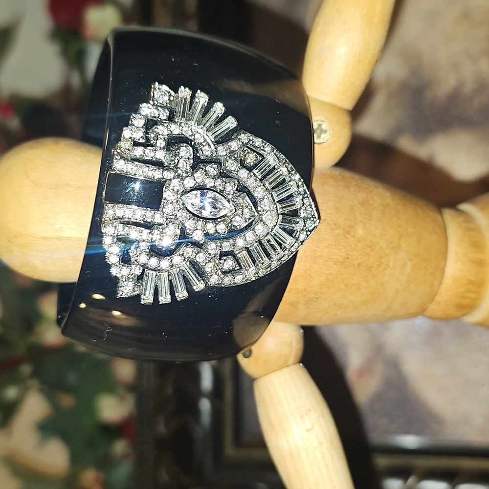 Kenneth Jay Lane Art Deco-Style Wide Cuff Braclet, Enamel & Rhinestone Medallion - Picture 2 of 15